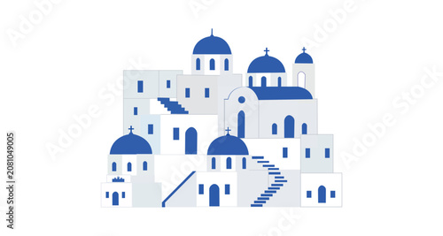 Minimal Santorini Greece Village Flat Vector Illustration, Blue White Mediterranean Architecture Landscape