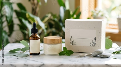 Natural skincare products with cream jar and serum bottle