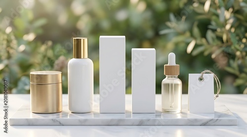 Cosmetic bottles and jars on a stone table in a garden