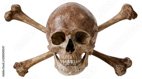 Obraz na płótnie Weathered human skull and crossbones symbol, isolated on transparent background