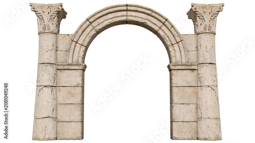 Photography Ancient stone archway with carved Corinthian columns, isolated on transparent ba