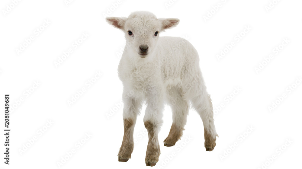 Fototapeta premium Fluffy white baby lamb standing, isolated on transparent background