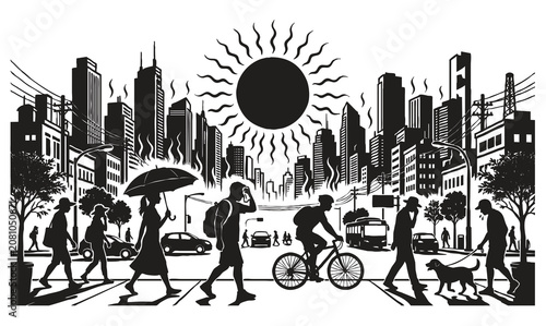 Φωτογραφία Extreme city heatwave with blazing sun silhouette vector illustration