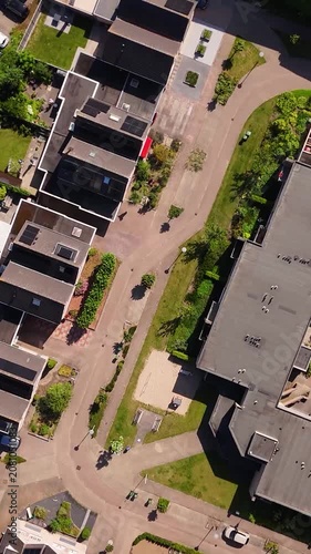 Aerial top-down view of a small town residential neighborhood