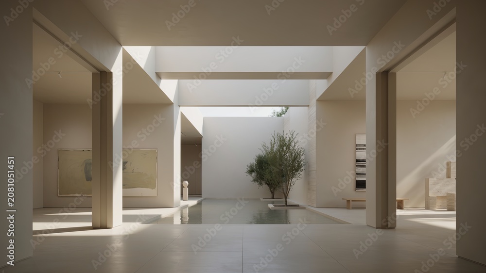 Fototapeta premium Minimalist interior atrium features a central water feature and large open walls with copy space for art display.
