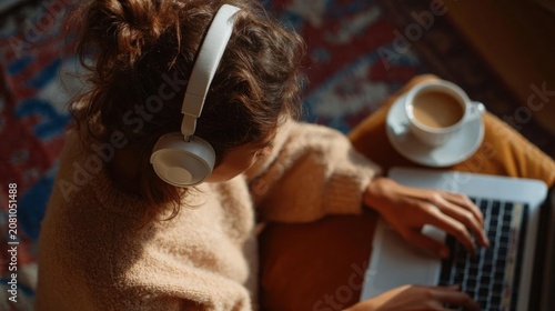 Young woman sitting on a couch with a laptop in front of her. she is wearing a beige sweater and has a pair of white headphones on her head. the laptop is open and she is typing on the keyboard.