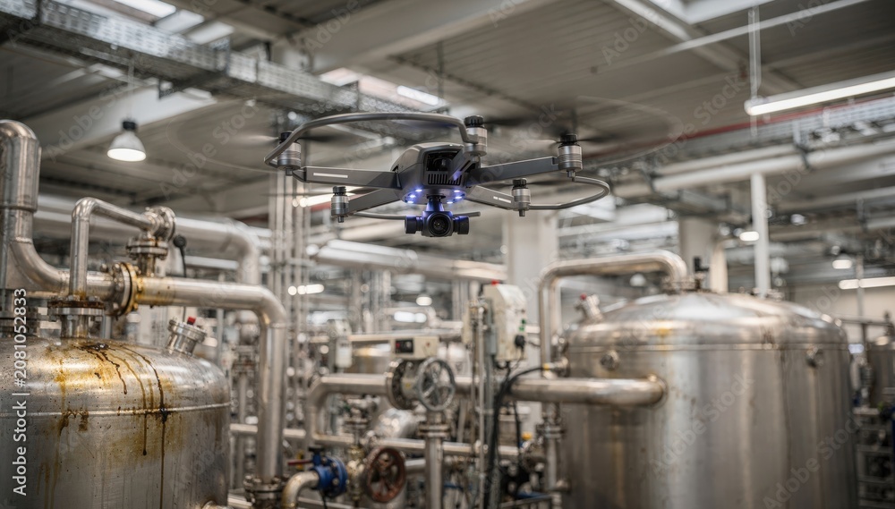 Fototapeta premium Indoor AIassisted quadcopter drone hovers over industrial machinery scanning for corrosion and leaks with precision sensors in a hightech manufacturing facility.