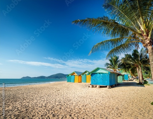 doc let tropical beach scene nha trang vietnam with palm trees and vibrant beach huts against a clear blue sky with a sandy shore stretching out in the foreground inviting relaxation and leisure