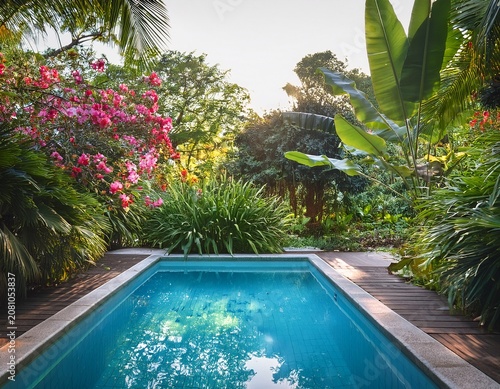 lush tropical garden with dense green foliage and colorful flowers frames a serene swimming pool creating a peaceful outdoor oasis with sunlight filtering through the leaves summer vacation resort
