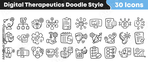 Quadro su tela Hand drawn digital therapeutics icons set in a doodle style