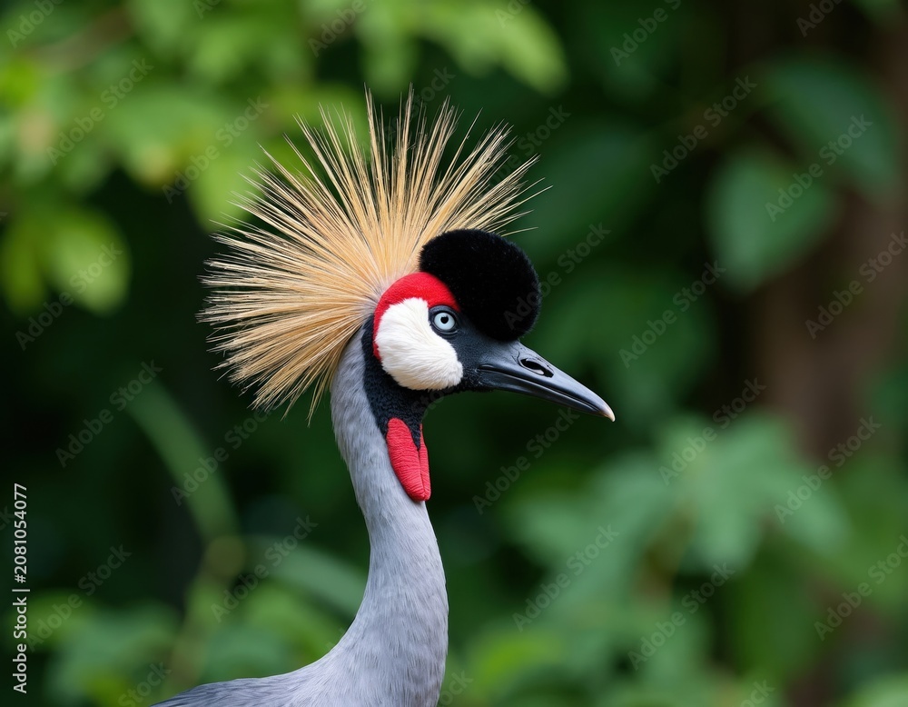 Fototapeta premium Grey crowned crane bird profile. Features striking golden crown red wattle and blue eye. Ornithology study subject in natural habitat with blurred green foliage.