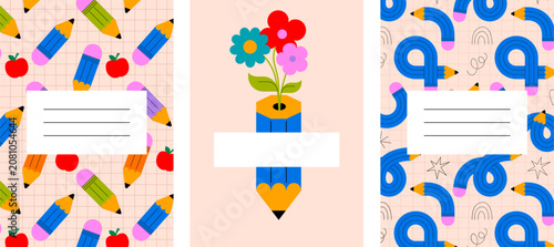 Cuadro en lienzo School notebook cover and poster collection with pencils, apples and flowers doodles