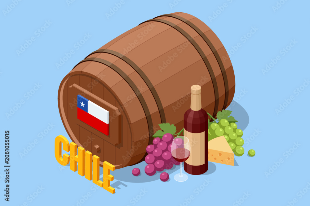 Fototapeta premium Isometric Chile wine concept with wooden barrel, bottle, grape and cheese on blue background. Winery illustration presents France, viticulture, cellar tradition and premium beverage culture
