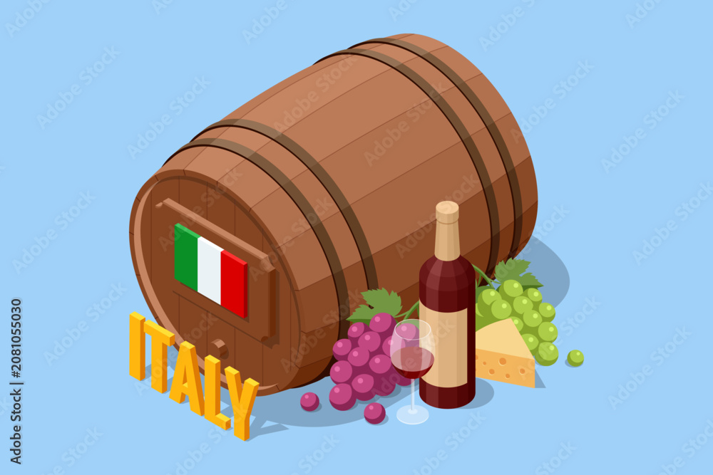 Fototapeta premium Isometric Italy wine concept with wooden barrel, bottle, grape and cheese on blue background. Winery illustration presents France, viticulture, cellar tradition and premium beverage culture