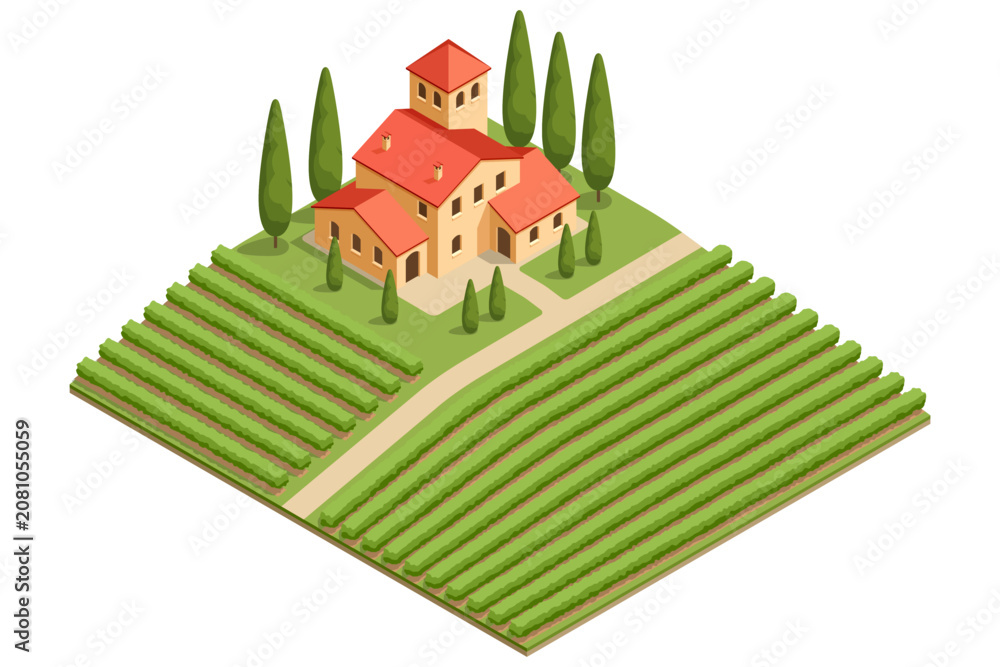 Fototapeta premium Isometric winery building with vineyard rows. Industrial wine production illustration shows vinification, storage and farm business