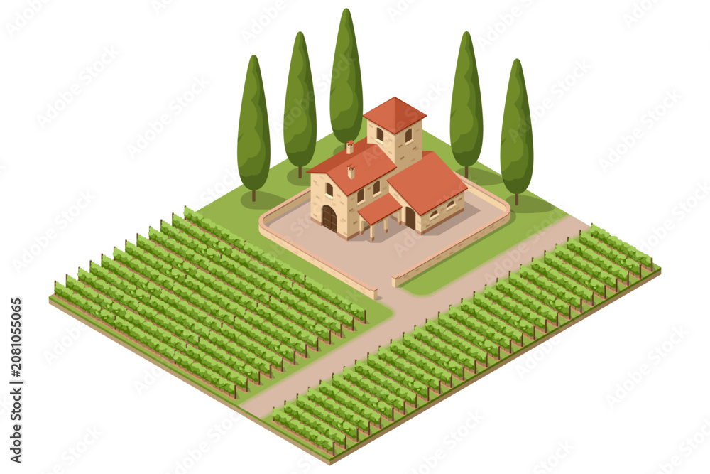 Fototapeta premium Isometric winery building with vineyard rows. Industrial wine production illustration shows vinification, storage and farm business
