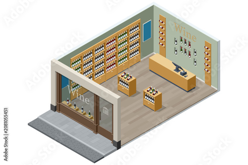Isometric wine shop interior with bottle shelf, retail counter and display rack, showing elegant cellar style store environment and premium beverage sale concept for commerce and tasting