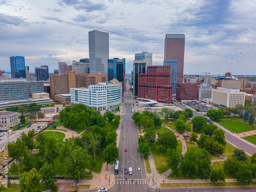 Denver modern skyline aerial view on Lincoln Street in downtown Denver, Colorado CO, USA. 