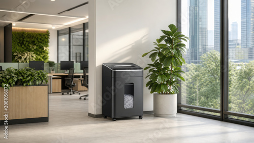 Modern office with large window, paper shredder, green plants, and natural light creates clean, organized, and eco friendly workspace