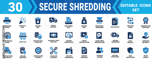 Canvastavla Set of 30 secure document shredding and data destruction icons in blue and black vector illustration Minimal solid fill icon set bundle collection