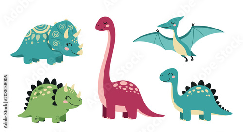 Collection of five friendly cartoon dinosaurs in various colors including triceratops, pterodactyl, and brontosaurus for kids bedroom art.