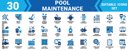 Set of 30 flat blue pool maintenance icons for cleaning and service tasks in professional design Minimal solid fill icon set bundle collection. Editable Vector Illustration Mega pack