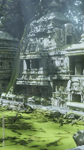 A group of explorers examines the ruins of an ancient temple covered in moss and surrounded by greenery. Sunlight filters through the trees, lighting up the scene.