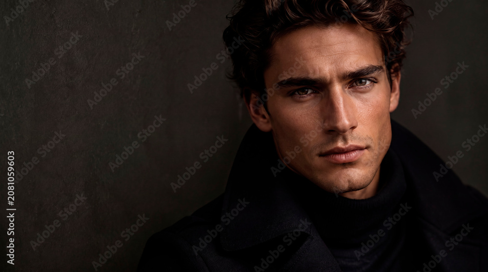 Fototapeta premium AI-generated editorial-style portrait of a handsome young man wearing a sophisticated dark coat and black turtleneck. Dramatic lighting, confident expression, and a minimalist dark background create a