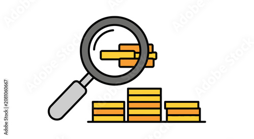 Magnifying glass over gold coins stack.