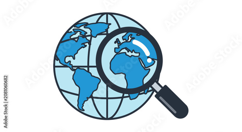 Magnifying glass over world map globe.