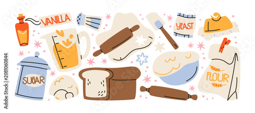 Baking cartoon stickers, bread making doodles with flour, dough, yeast, rolling pin, vanilla, homemade bakery ingredients and pastry elements for bakery branding and recipe designs