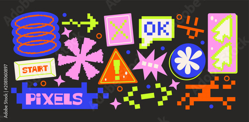 Y2K pixel stickers in retro cartoon style. Neon symbols, retro wave icons, labels, pixel hearts, gaming buttons and cyber shapes, futuristic internet aesthetic and digital techno collection