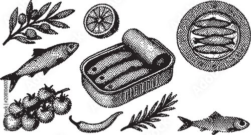Bild auf Leinwand Black and white vector illustration of canned sardines with fish, lemon, herbs, and tomatoes, showcasing seafood ingredients in a halftone style design element