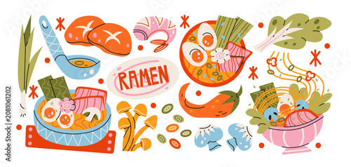 Ramen cartoon food stickers, Japanese noodle mascot doodles, Asian cuisine elements with ramen bowls, sushi, broth, mushrooms, seafood, vegetables and retro groovy restaurant graphics