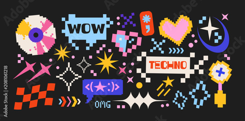 Y2K pixel stickers in retro cartoon style. Neon symbols, retro wave icons, labels, pixel hearts, gaming buttons and cyber shapes, futuristic internet aesthetic and digital techno collection