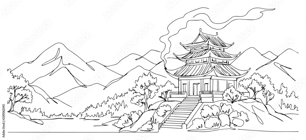 Fototapeta premium Traditional asian pagoda in mountain landscape, oriental temple architecture and nature scenery in continuous line art