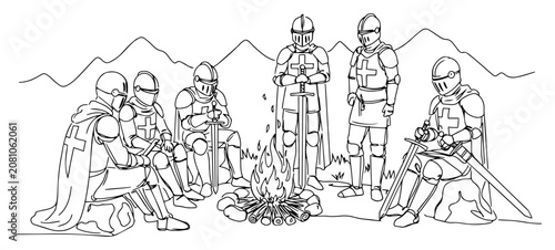 Cuadro en lienzo Medieval knights in armor sitting around campfire, historical crusaders camping