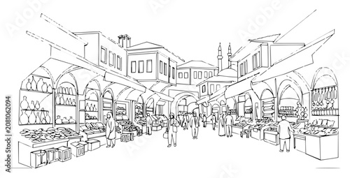 Tableau sur toile Traditional oriental market street with shops and people, bustling middle easter