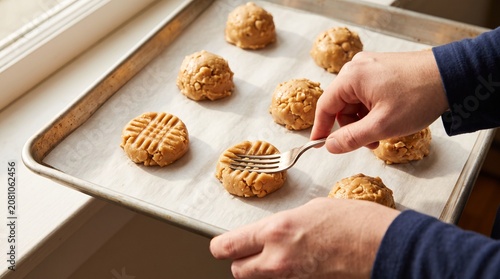 Making peanut butter cookies, Fork crisscross pattern, Raw dough tray, Classic homemade baking, Clean overhead detail