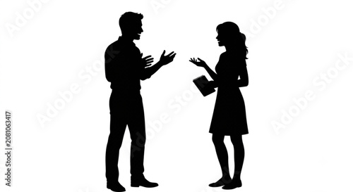 Schilderij op canvas A black and white silhouette of a man and a woman standing face to face while en