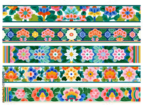 Modern vibrant traditional Korean Dancheong and Minhwa floral seamless border washi tape vector set
