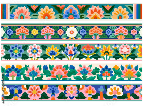 Modern vibrant traditional Korean Dancheong and Minhwa floral seamless border washi tape vector set