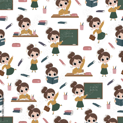 Cute seamless pattern featuring adorable cartoon schoolgirls reading, studying, teaching, thinking, and celebrating. Flat vector design perfect for fabric, wallpaper, wrapping paper.