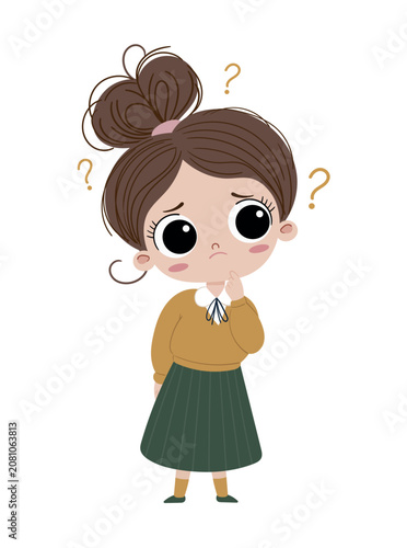 Cute cartoon schoolgirl with big eyes deep in thought, surrounded by question marks. Flat vector illustration isolated on white, perfect for education, problem solving, and thinking concepts.