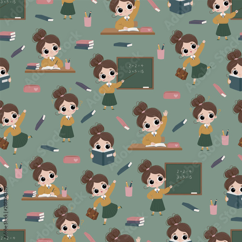 Cute seamless pattern featuring adorable cartoon schoolgirls reading, studying, teaching, thinking, and celebrating. Flat vector design perfect for fabric, wallpaper, wrapping paper.