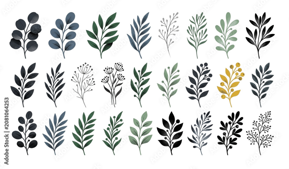 Fototapeta premium Abstract Halftone Leaf and Botanical Branch Vector Set with Modern Natural Design Elements
