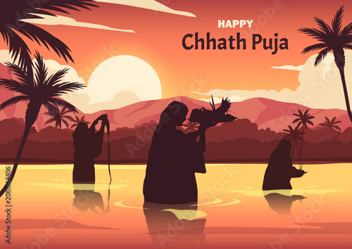 Bild auf Leinwand Chhath Puja scene with people performing water rituals at sunset in river landscape for Hindu festival celebration