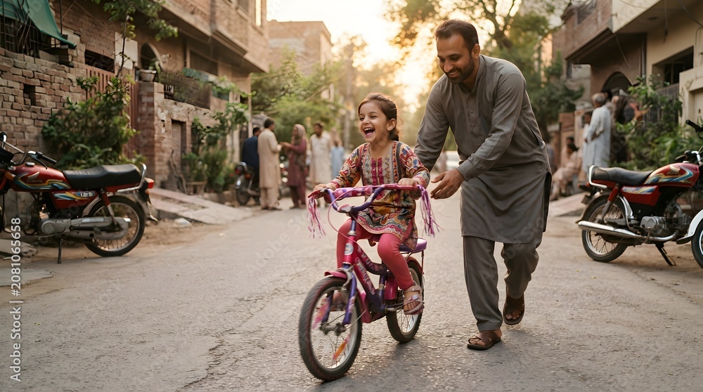 Obraz premium Pakistani father teaching daughter to ride bicycle, candid family moment golden hour