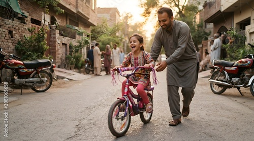Pakistani father teaching daughter to ride bicycle, candid family moment golden hour