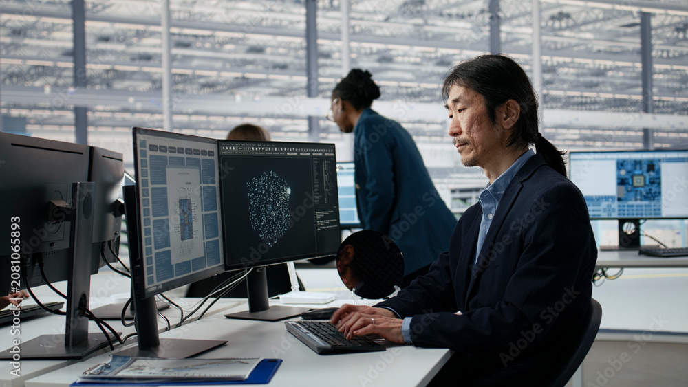 Fototapeta premium Asian man using AI in microchip factory office to optimize hardware, Senior manager training AI model in RD in research lab.